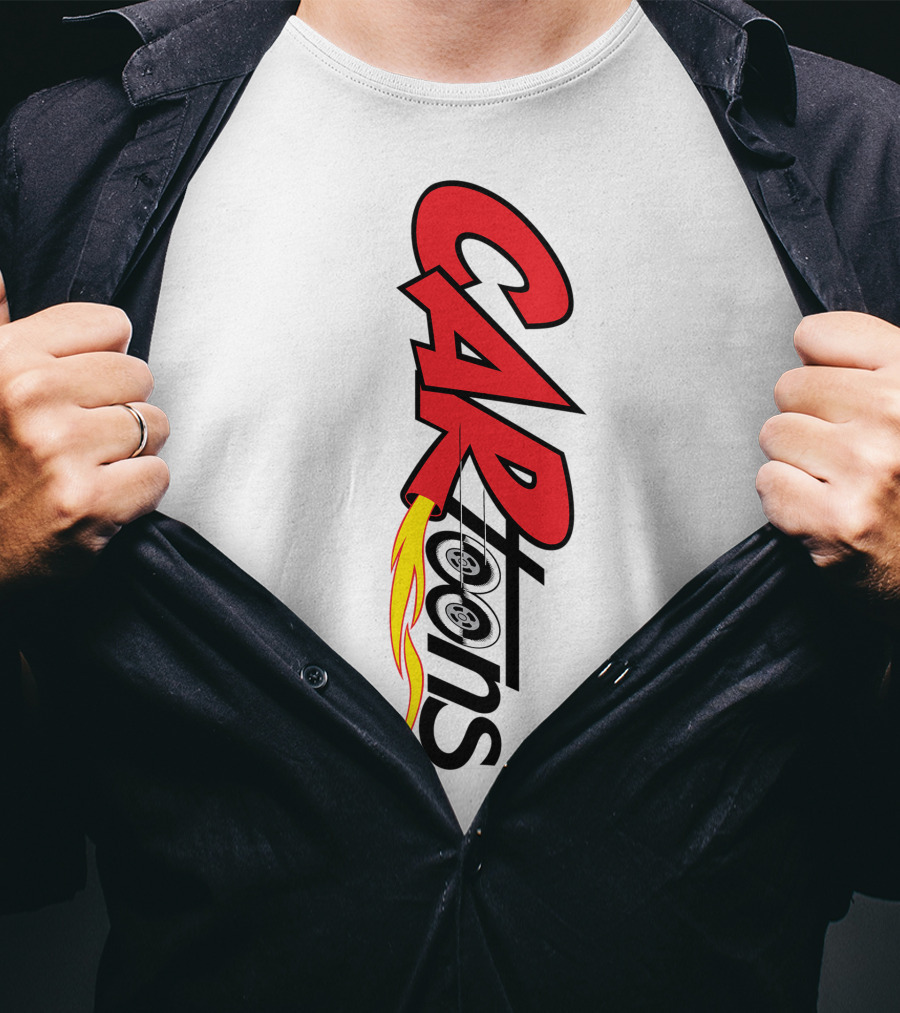 CARTOONS Red And Black Text With Flames And Wheel T-Shirt