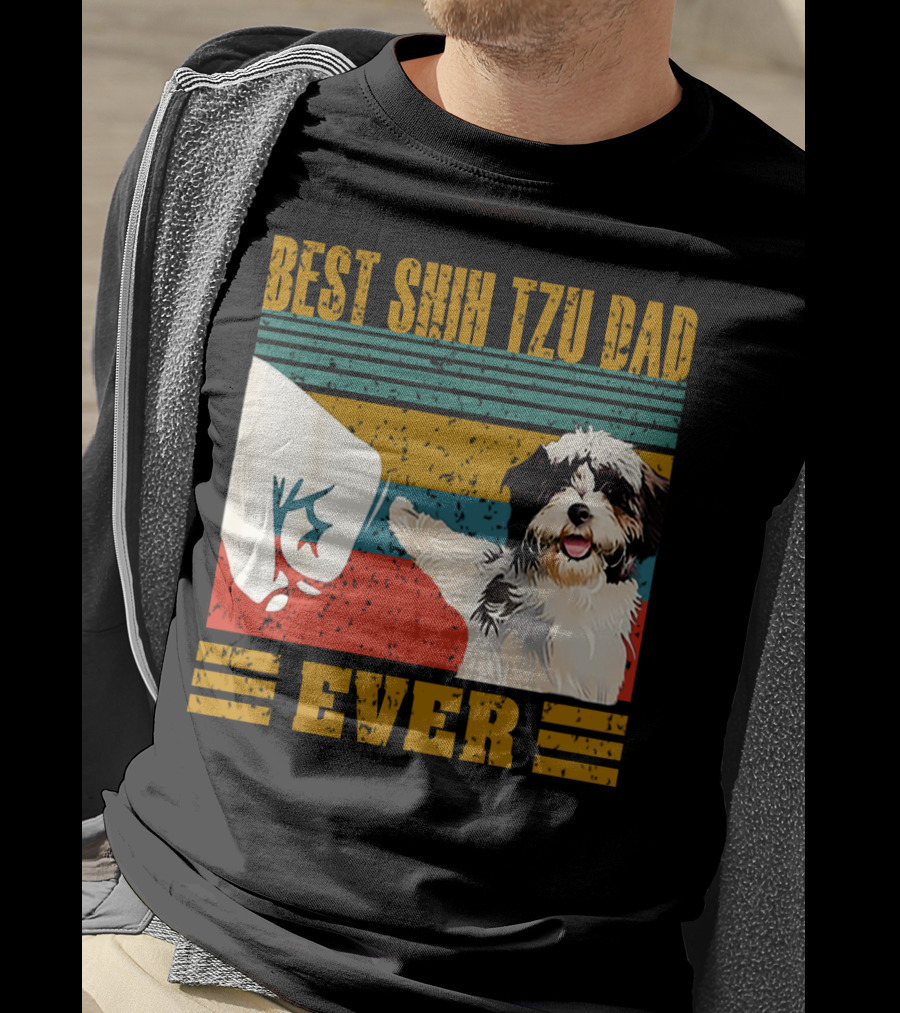 Best Shih Tzu Dad Ever Vintage Style Dog Paw Prints T-Shirt