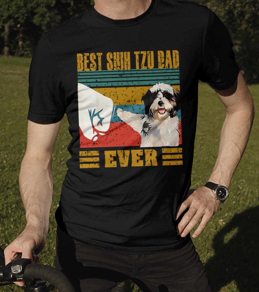 Best Shih Tzu Dad Ever Vintage Style Dog Paw Prints T-Shirt