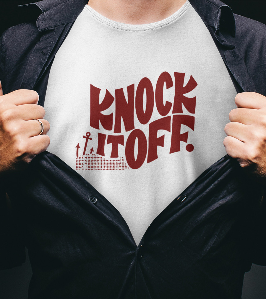 KNOCK IT OFF Lettering With Rising Arrow Figures T-Shirt