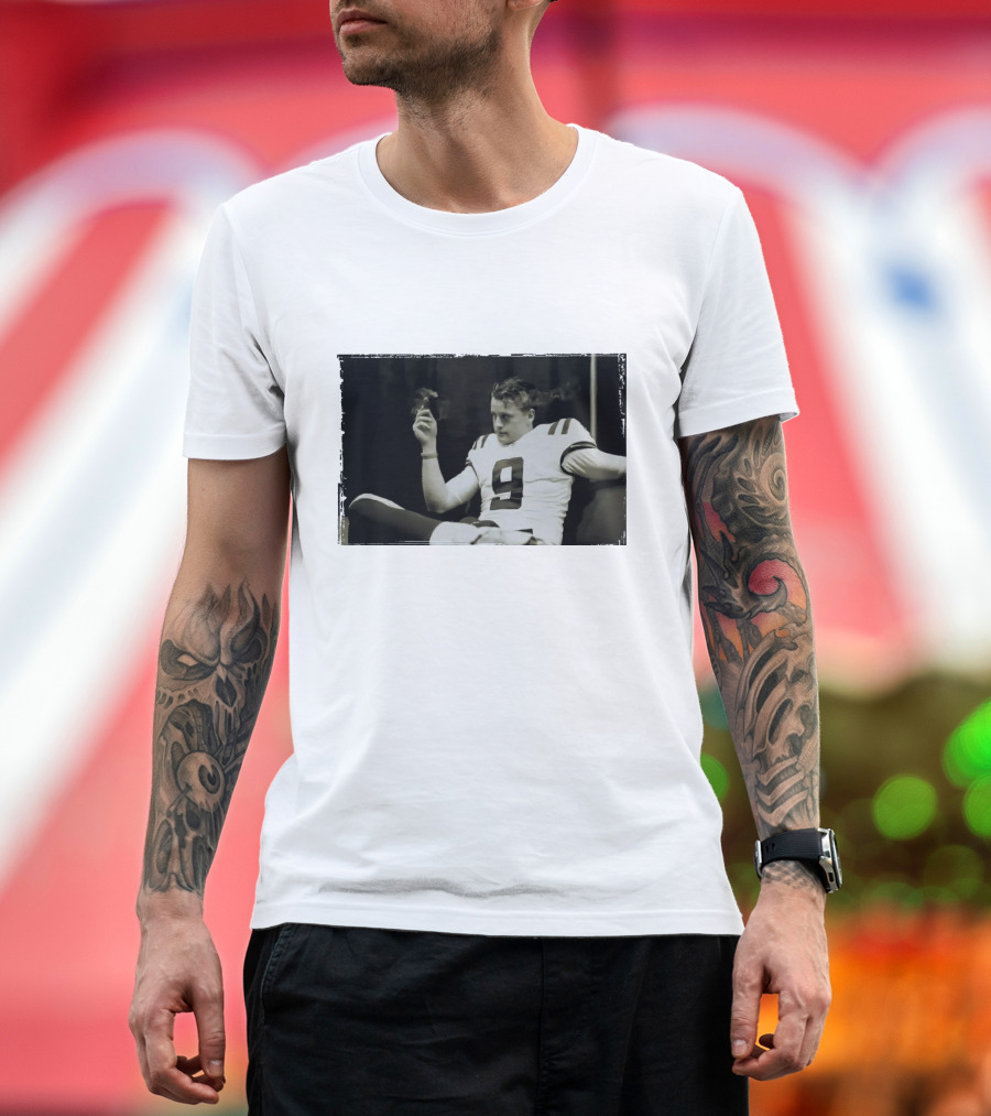 Smoking Joe Burrow Cigar Relaxing in Football Jersey Number 9 T-Shirt