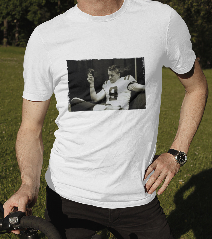 Smoking Joe Burrow Cigar Relaxing In Football Jersey Number 9 T-Shirt