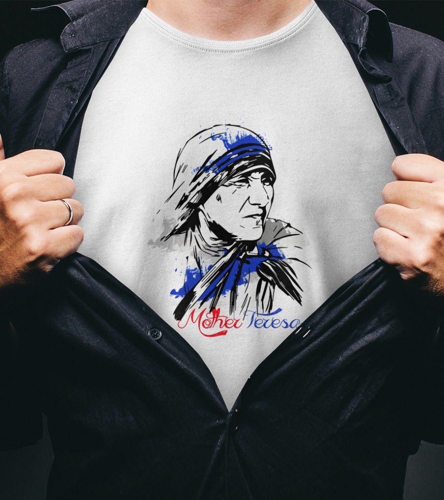 Mother Teresa Hand-Drawn Blue And Red Stylized T-Shirt