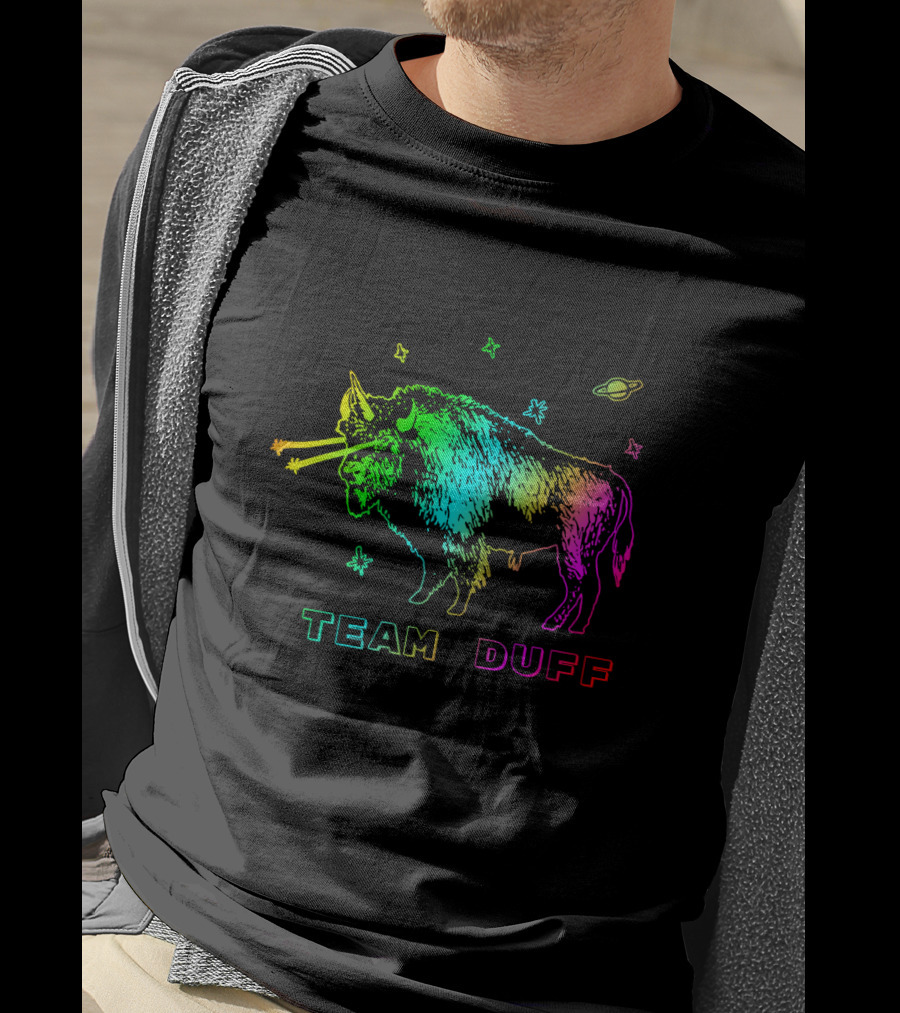 Team Duff Space Bison With Rainbow Laser Eyes And Stars T-Shirt