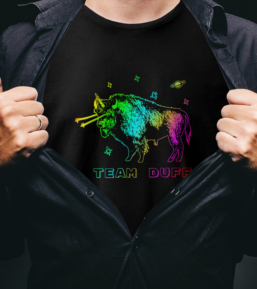Team Duff Space Bison With Rainbow Laser Eyes And Stars T-Shirt