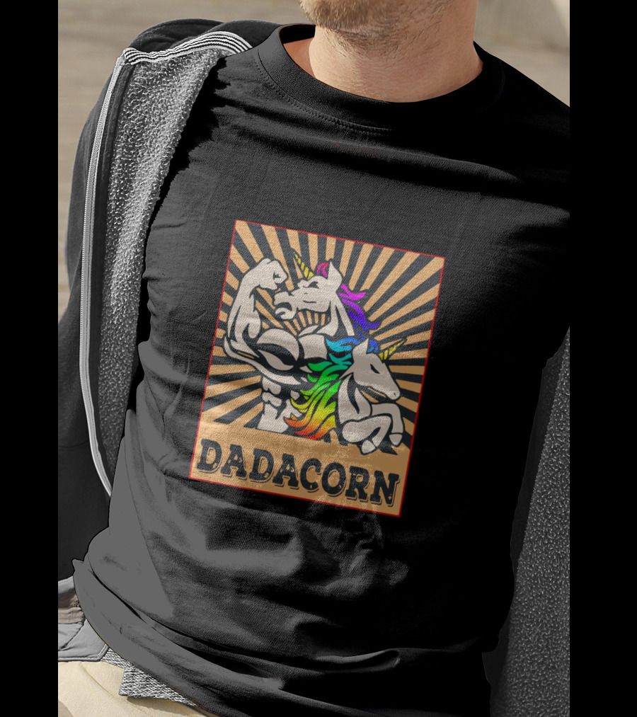 Dadacorn Muscular Rainbow Unicorn Duo With Sunburst Background T-Shirt