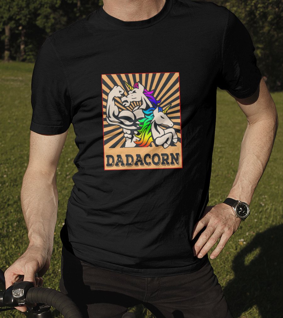 Dadacorn Muscular Rainbow Unicorn Duo With Sunburst Background T-Shirt