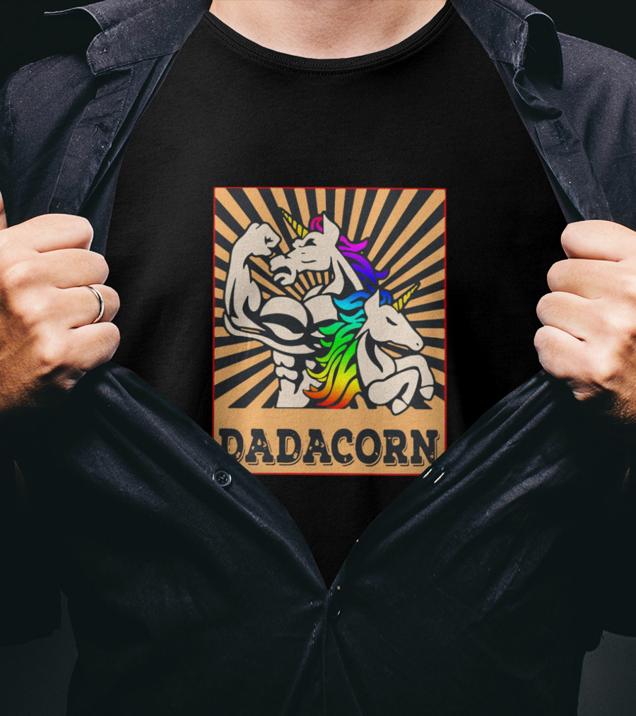 Dadacorn Muscular Rainbow Unicorn Duo With Sunburst Background T-Shirt