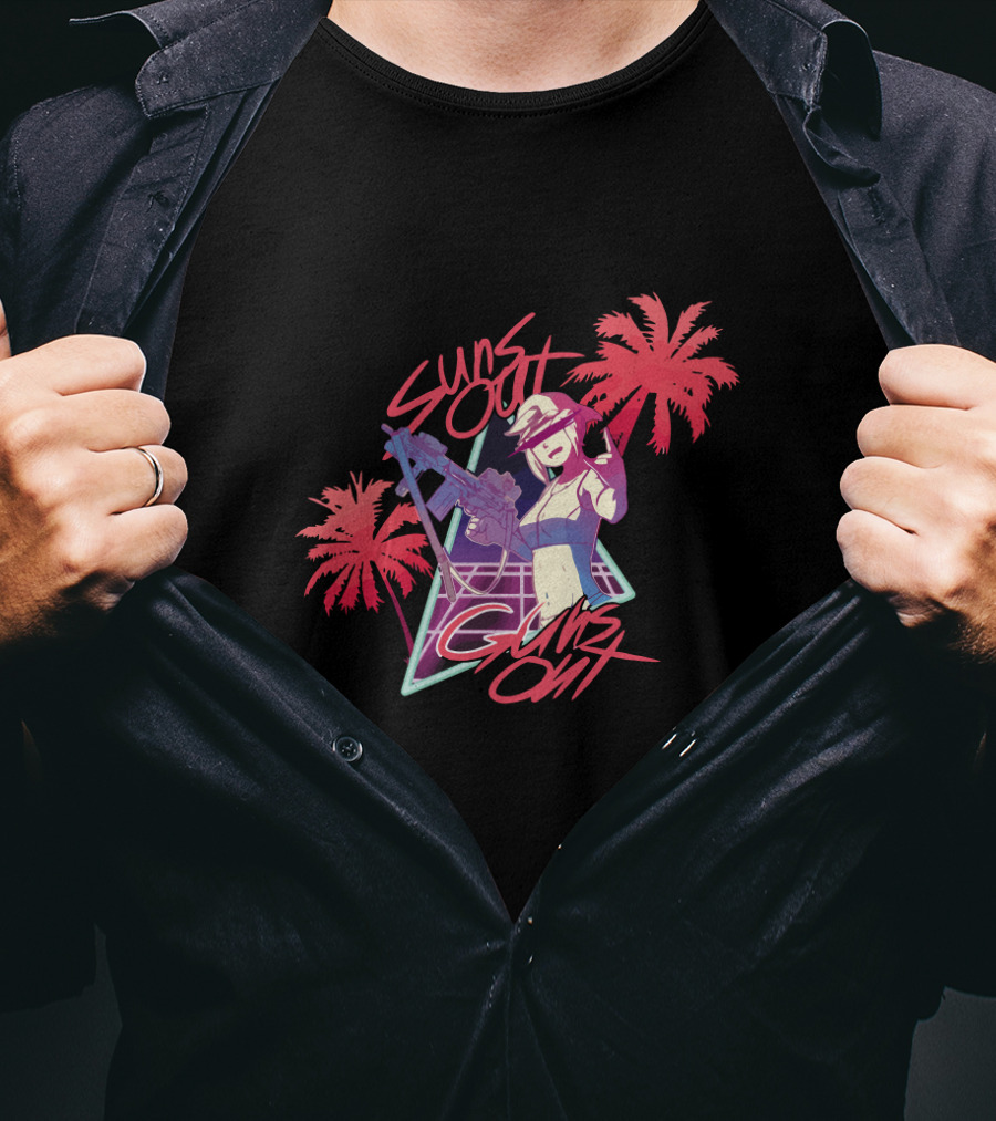 Suns Out Guns Out Retro Palm Trees Neon T-Shirt