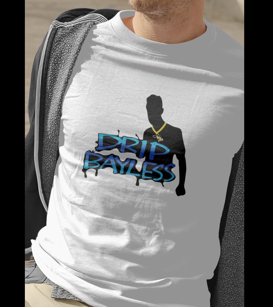 Drip Bayless Silhouette With Gold Chain And Blue Graffiti Text T-Shirt