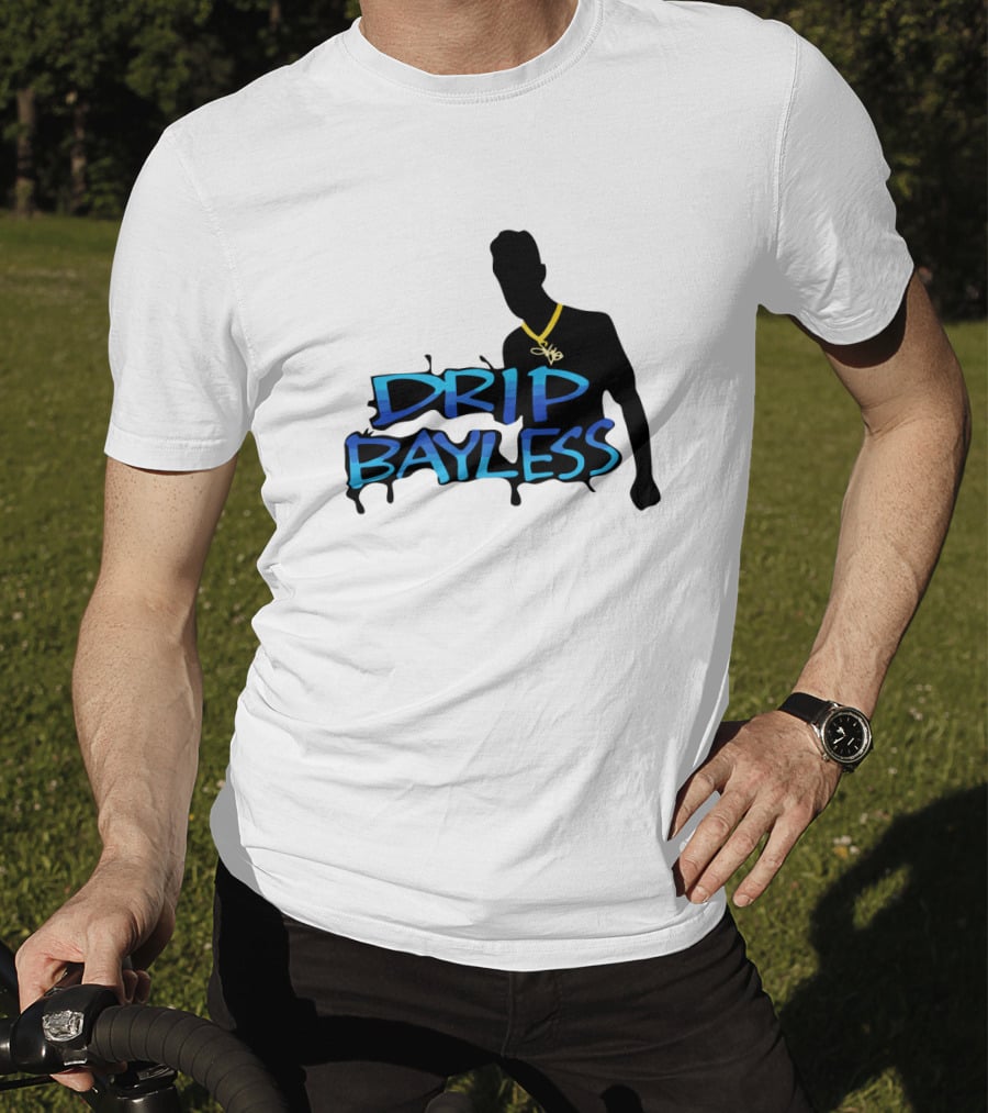 Drip Bayless Silhouette With Gold Chain And Blue Graffiti Text T-Shirt
