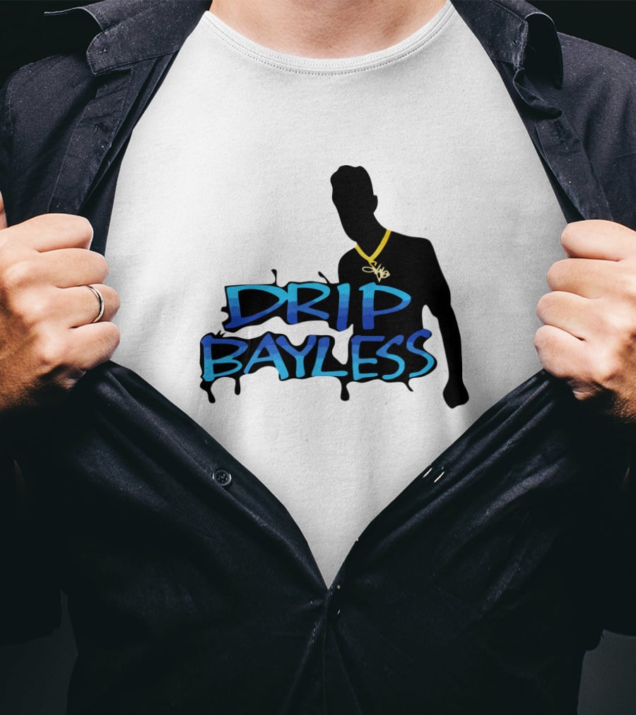 Drip Bayless Silhouette With Gold Chain And Blue Graffiti Text T-Shirt