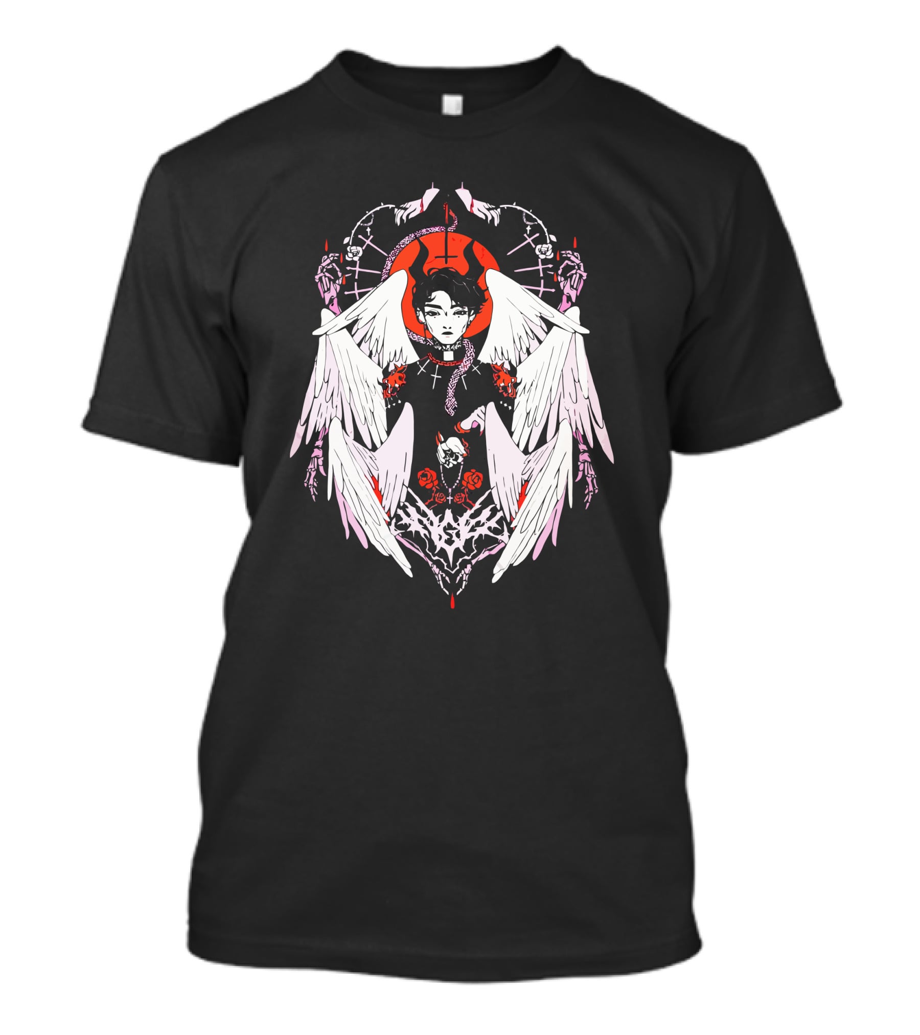 W6rst Merch Gothic Angel Wings Broken Heart Roses Snakes Clergy Collar T-Shirt