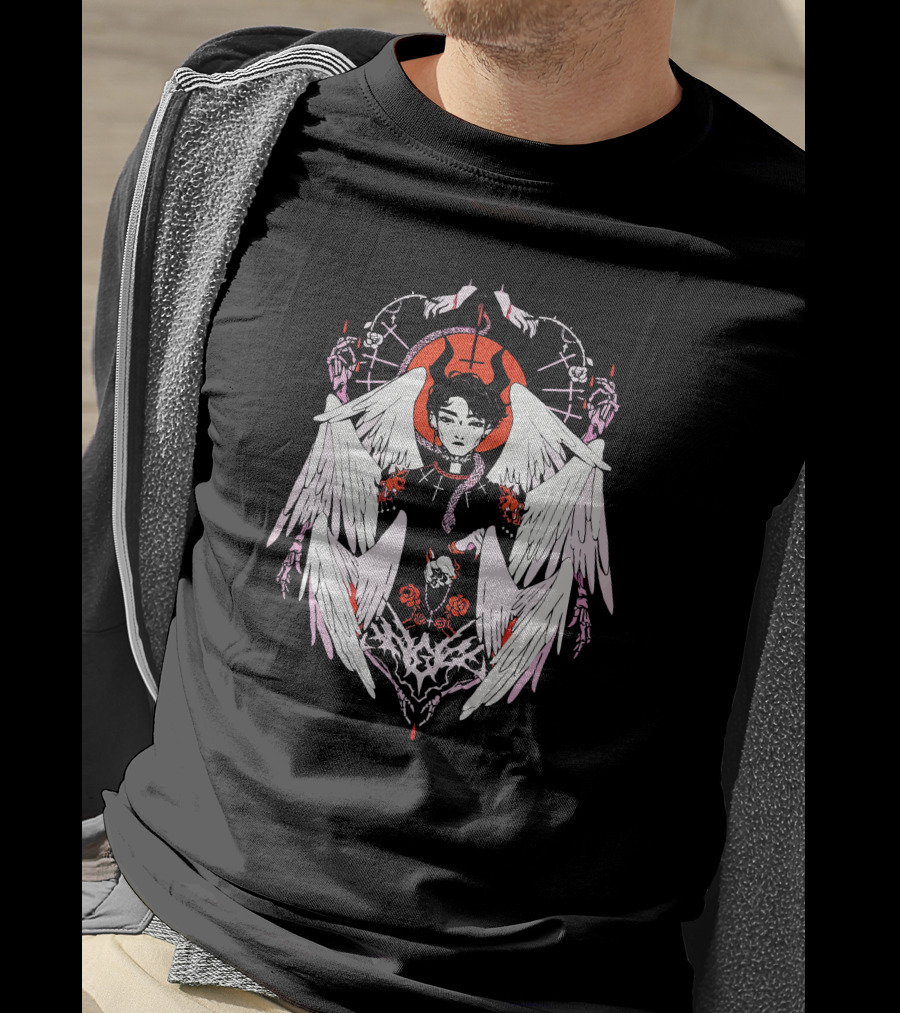 W6rst Merch Gothic Angel Wings Broken Heart Roses Snakes Clergy Collar T-Shirt