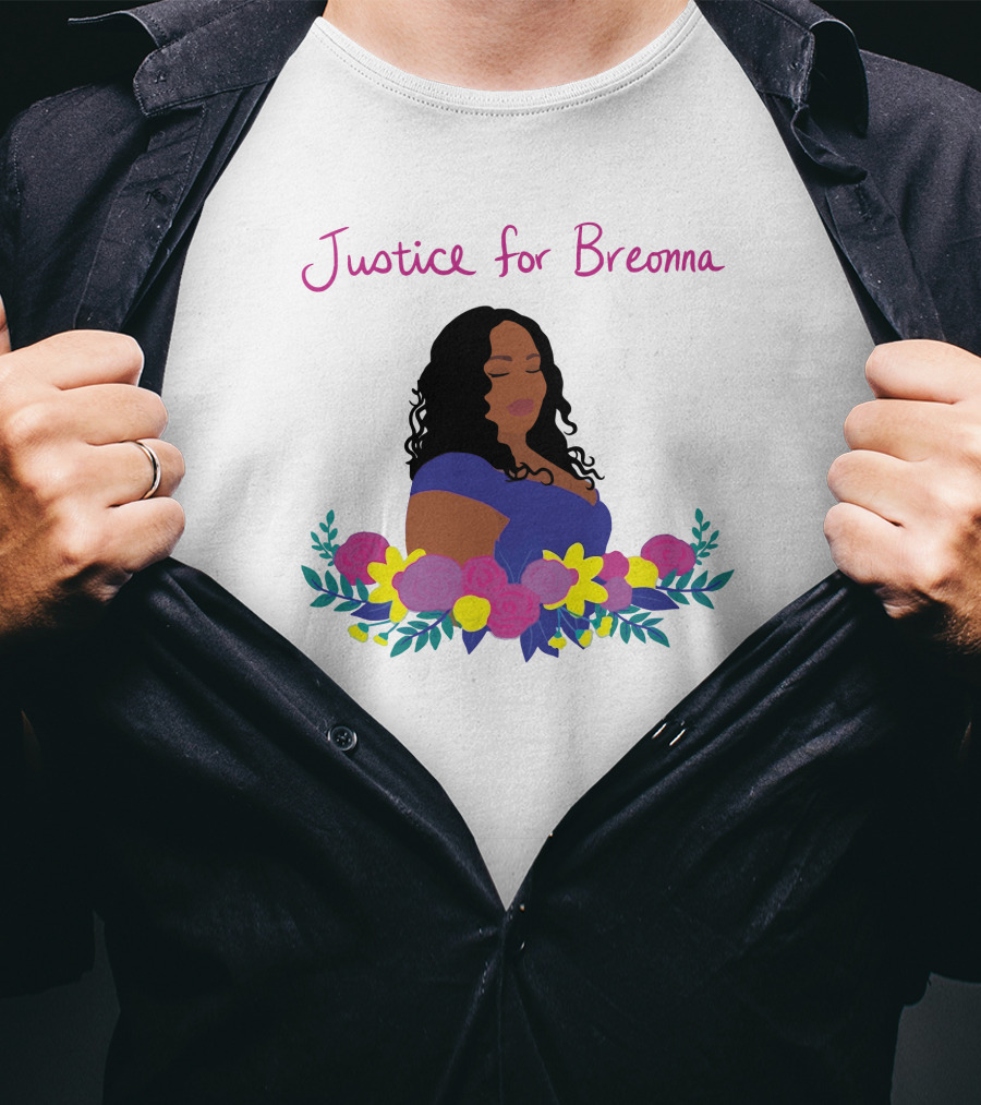 Justice For Breonna Floral Illustration With Woman In Blue Dress T-Shirt