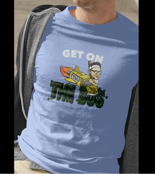 GET ON THE BUS Rocket Cartoon Character With Headband And Glasses T-Shirt