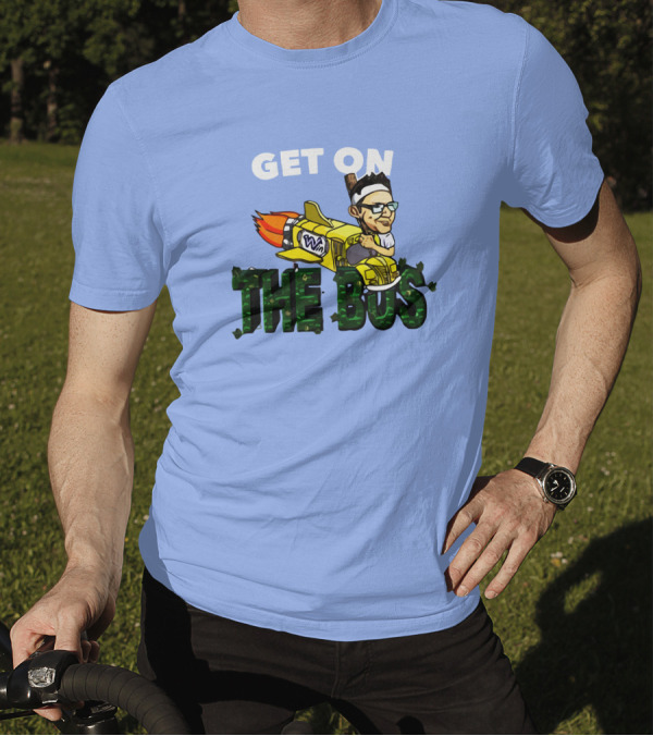 GET ON THE BUS Rocket Cartoon Character With Headband And Glasses T-Shirt