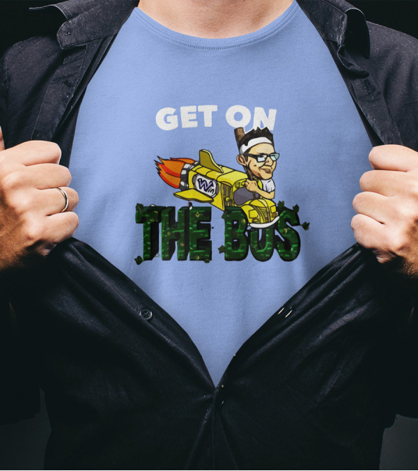 GET ON THE BUS Rocket Cartoon Character With Headband And Glasses T-Shirt