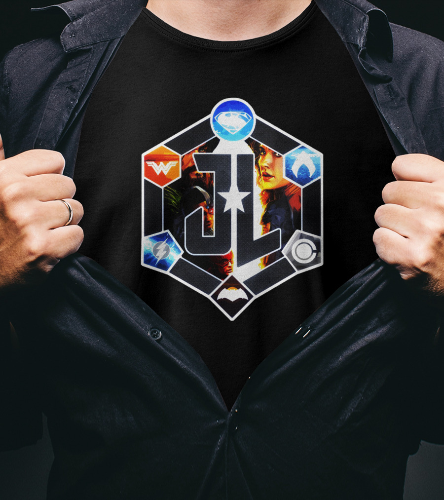 JL Justice League Superhero Symbols And Faces Collage T-Shirt