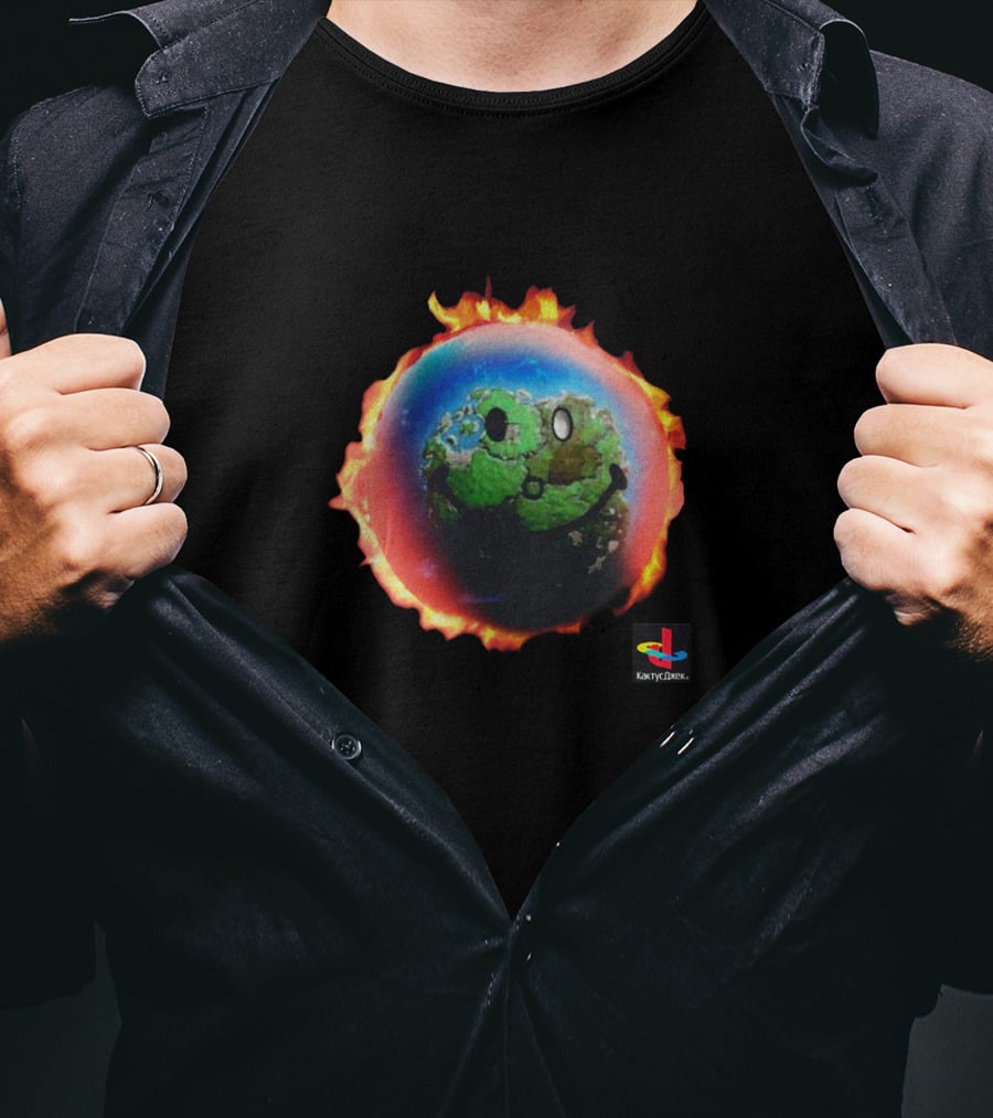 Travis Scott Merch Smiley Earth On Fire With Cactus Jack Playstation T-Shirt