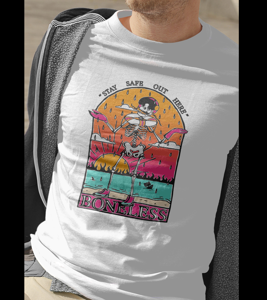 Stay Safe Out Here Boneless Sunset Skeleton Surfer T-Shirt