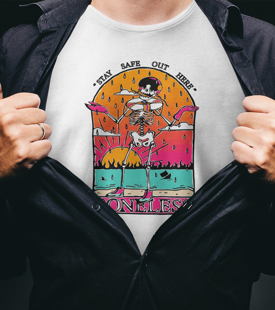 Stay Safe Out Here Boneless Sunset Skeleton Surfer T-Shirt