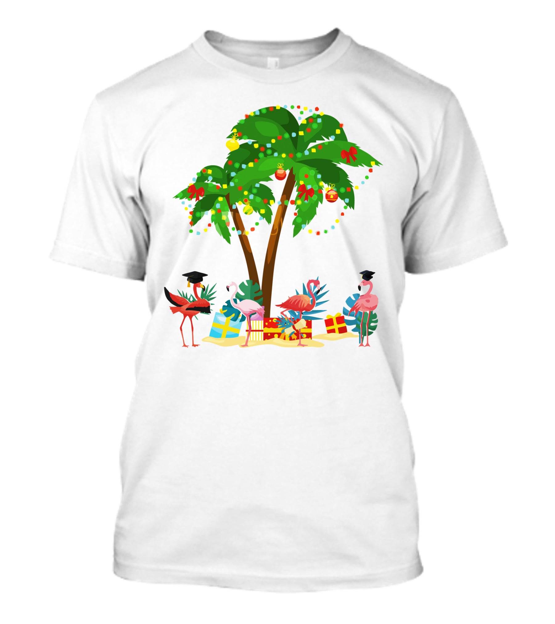 Tropical Christmas Flamingos Under Palm Tree With Gifts T-Shirt