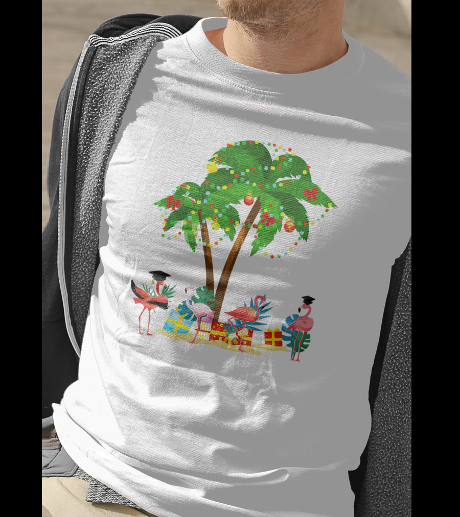 Tropical Christmas Flamingos Under Palm Tree With Gifts T-Shirt