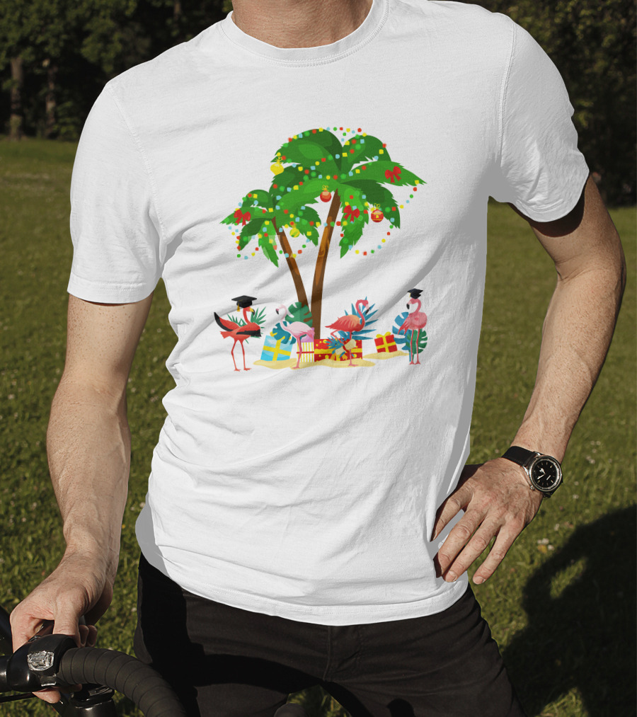 Tropical Christmas Flamingos Under Palm Tree With Gifts T-Shirt