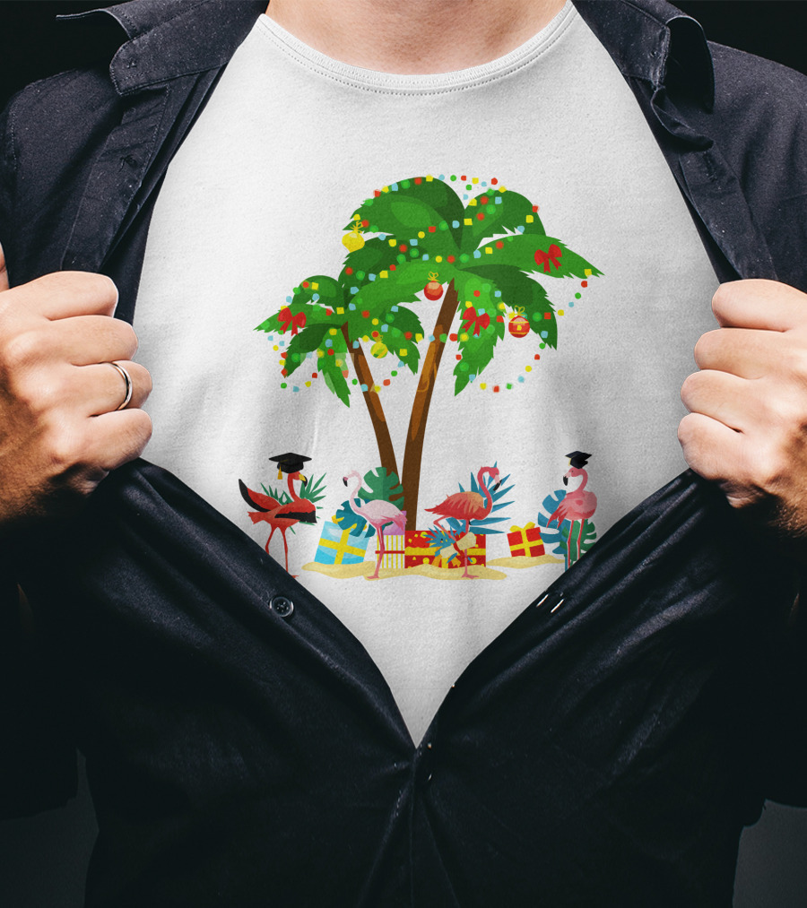 Tropical Christmas Flamingos Under Palm Tree With Gifts T-Shirt