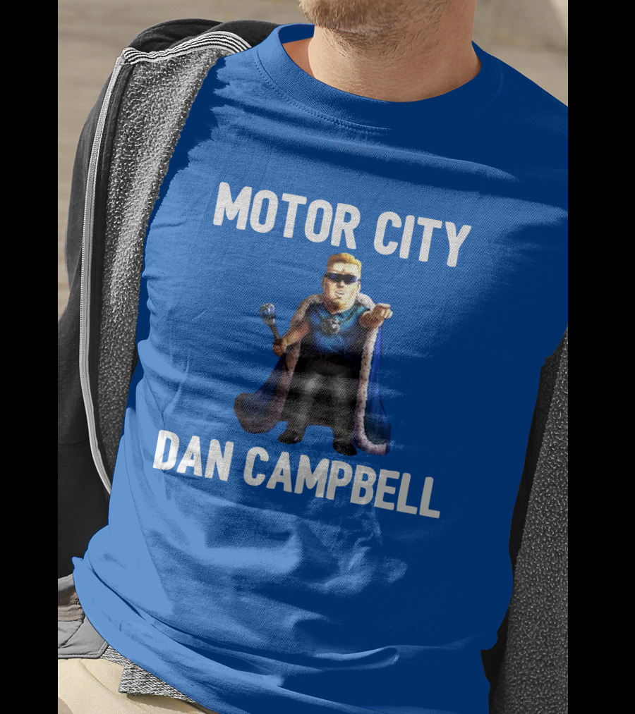 Motor City Dan Campbell Iconic Blue Cape And Scepter Character Representation T-Shirt