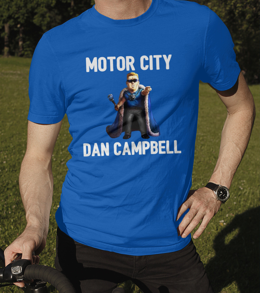 Motor City Dan Campbell Iconic Blue Cape And Scepter Character Representation T-Shirt