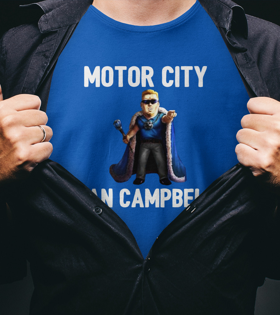 Motor City Dan Campbell Iconic Blue Cape And Scepter Character Representation T-Shirt