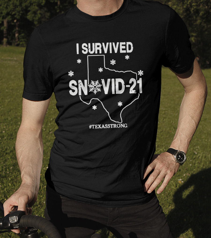 I Survived Snovid-21 Texas Strong Map Outline With Snowflakes T-Shirt