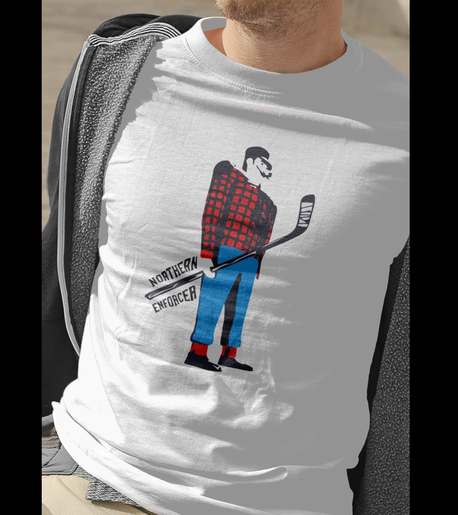 Northern Enforcer Hockey Plaid Lumberjack Player With Stick T-Shirt