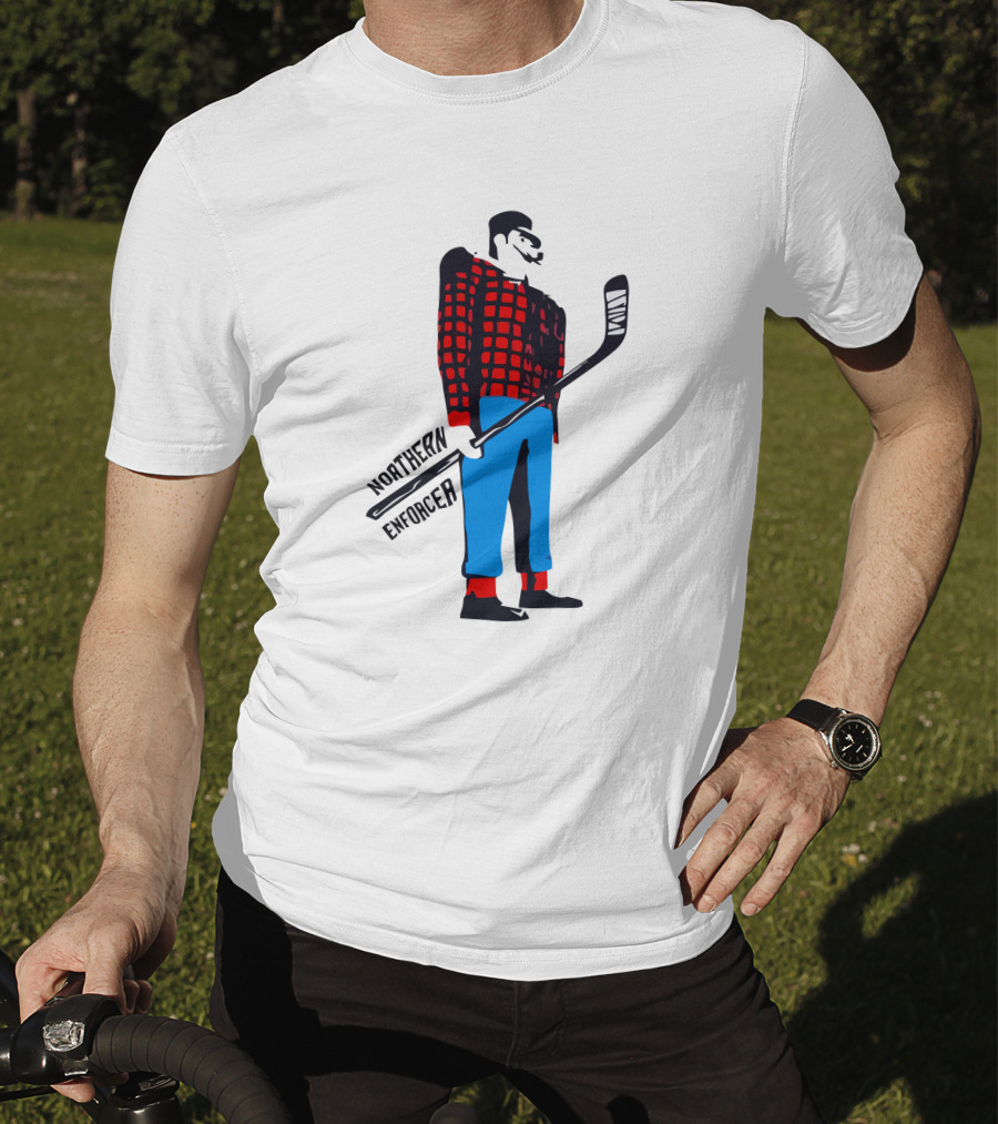 Northern Enforcer Hockey Plaid Lumberjack Player With Stick T-Shirt