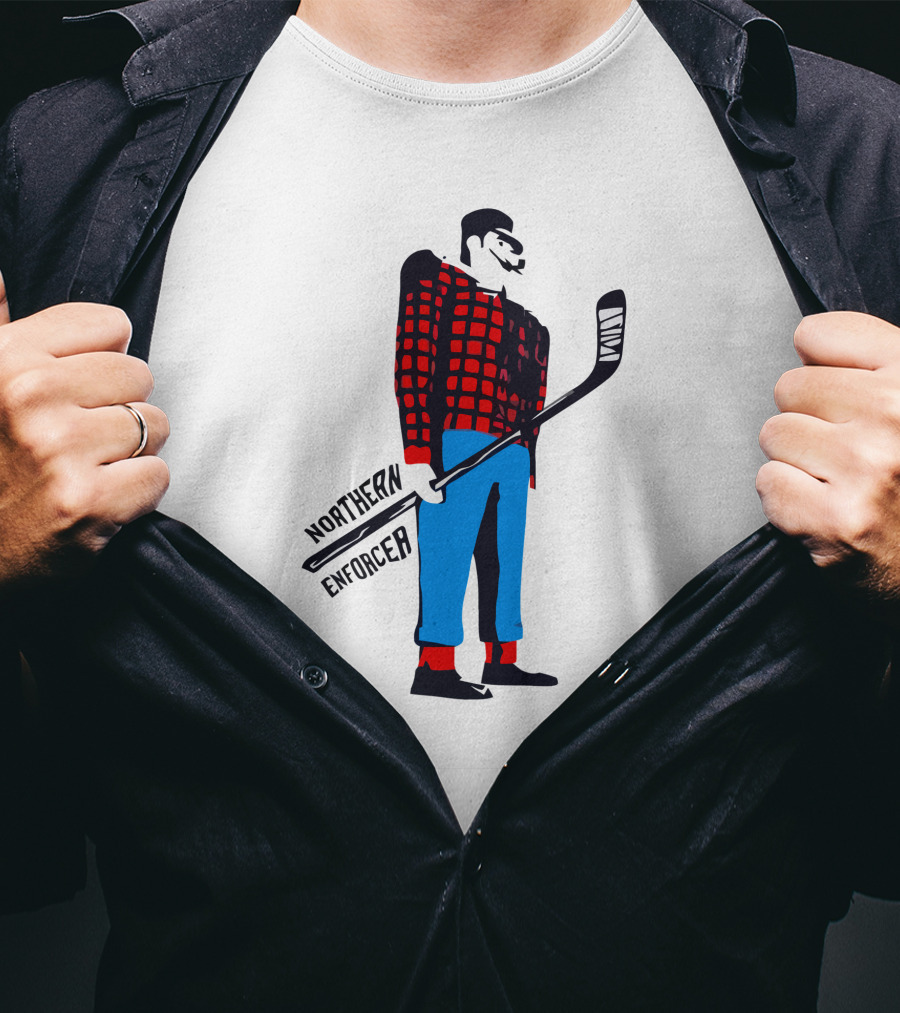 Northern Enforcer Hockey Plaid Lumberjack Player With Stick T-Shirt