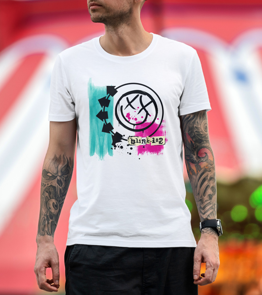 Blink 182 I Miss You Smiley Logo with Pink and Teal Paint Splatter T-Shirt