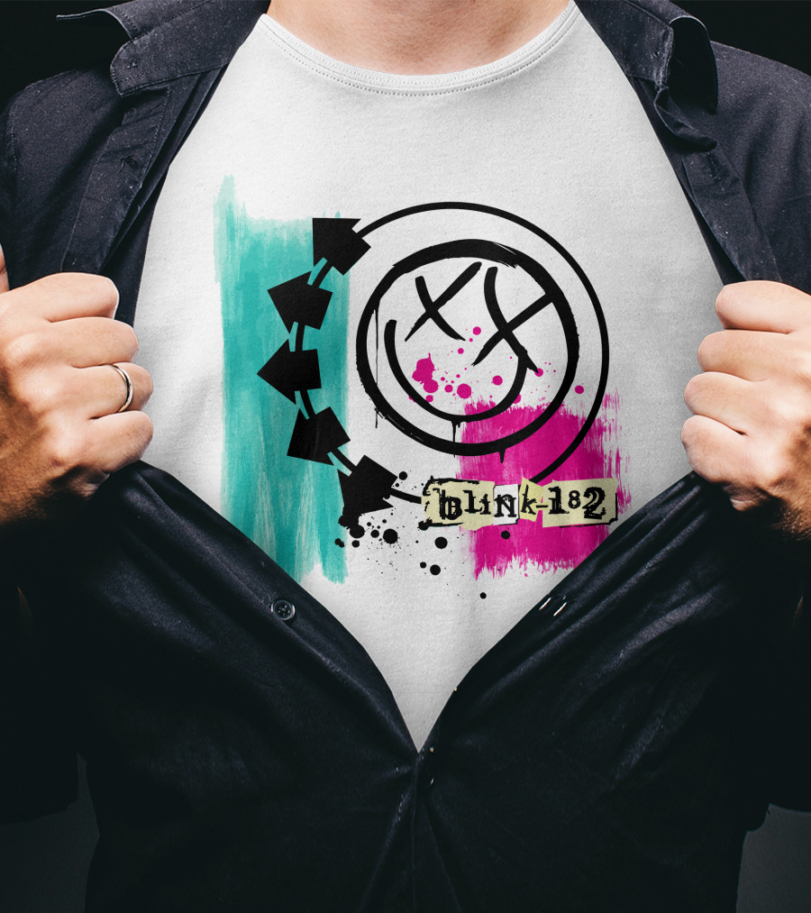 Blink 182 I Miss You Smiley Logo With Pink And Teal Paint Splatter T-Shirt