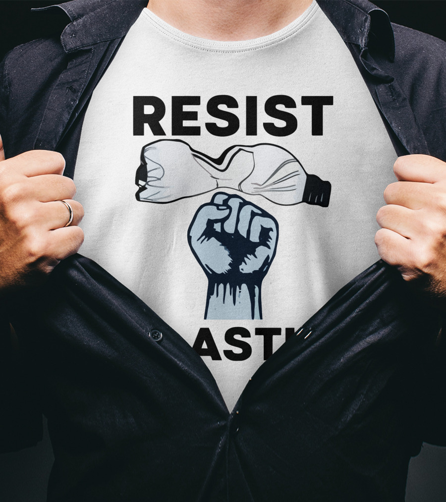 RESIST PLASTIC Raised Fist Crushing Bottle T-Shirt