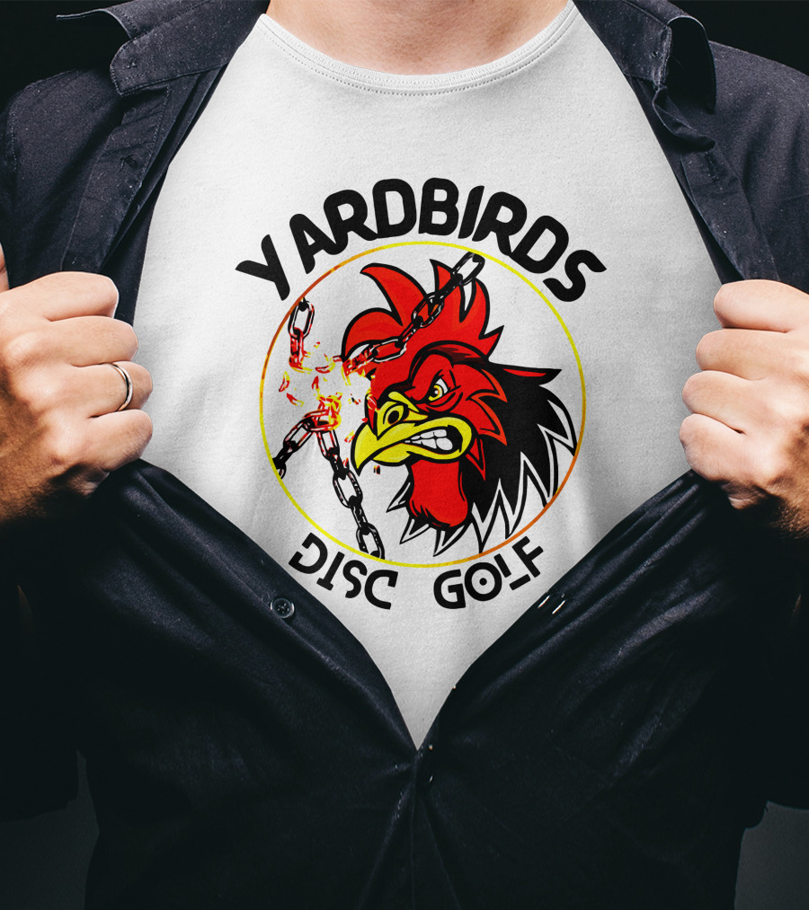 Yardbirds Disc Golf Angry Rooster With Exploding Chains T-Shirt