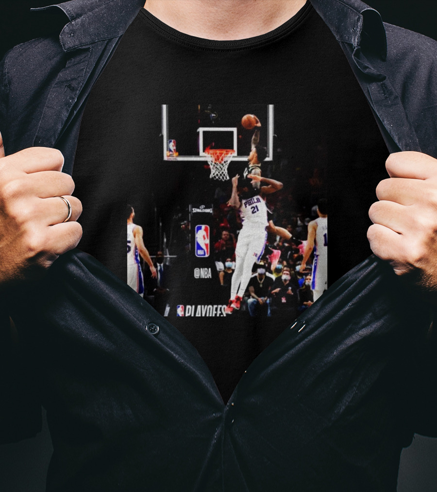 NBA Playoffs Action Featuring Joel Embiid Dunk With Philadelphia 76ers T-Shirt