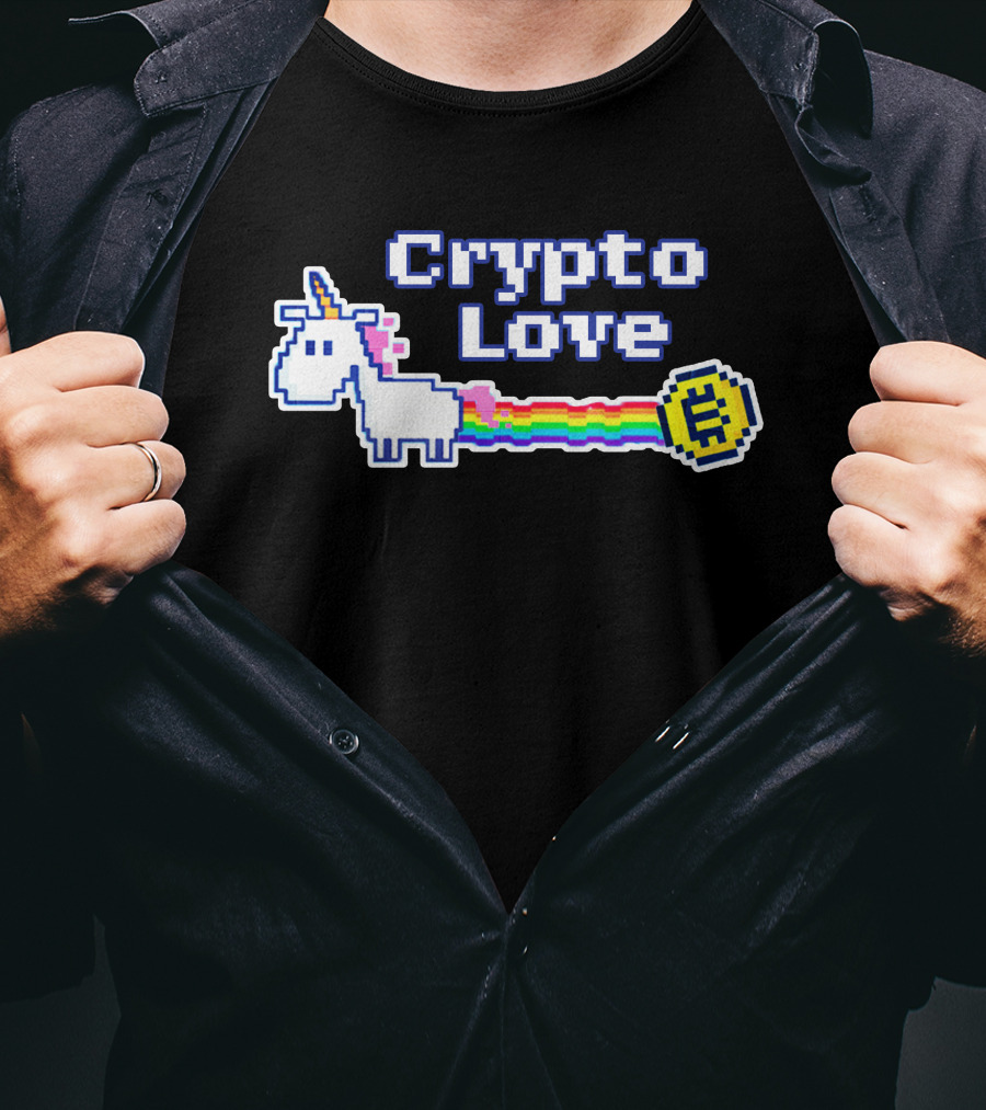 Crypto Love Unicorn Pixel Art Rainbow Coin T-Shirt