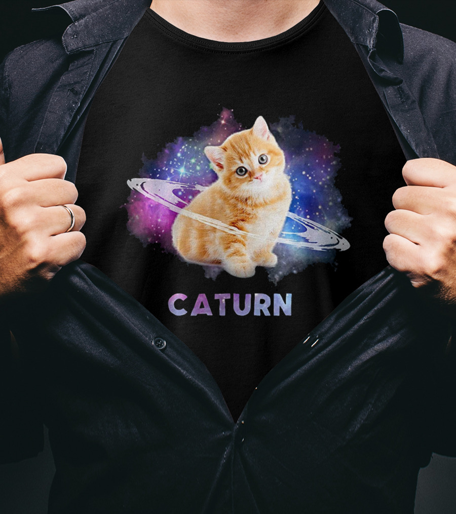Cat In Space Caturn Saturn Randball Kitten In Cosmic Rings T-Shirt