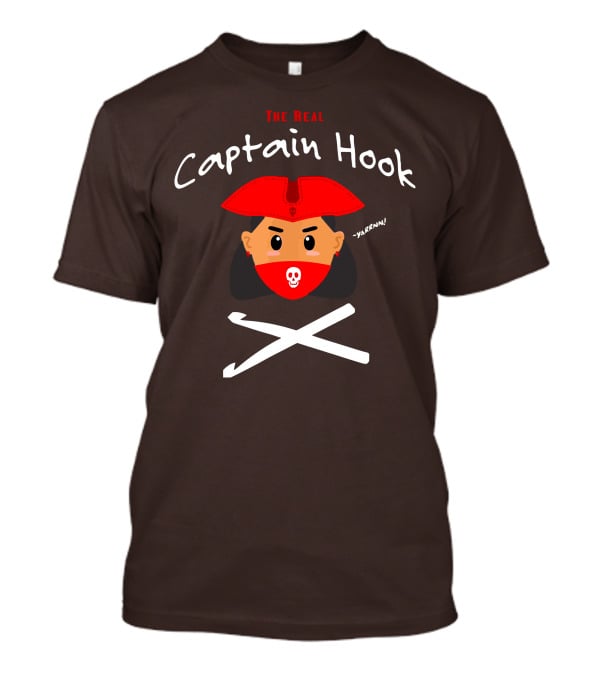 The Real Captain Hook Yarrnn Skull Red Hat Pirate Face Crossed Needles T-Shirt