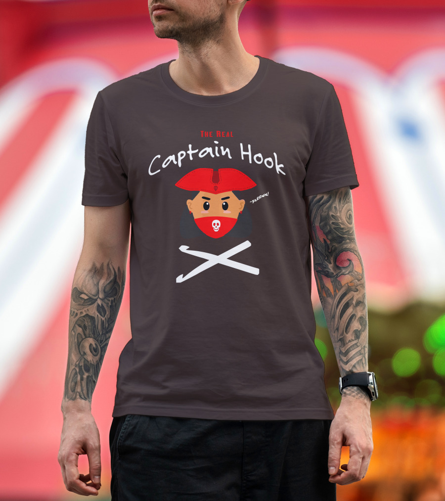 The Real Captain Hook Yarrnn Skull Red Hat Pirate Face Crossed Needles T-Shirt