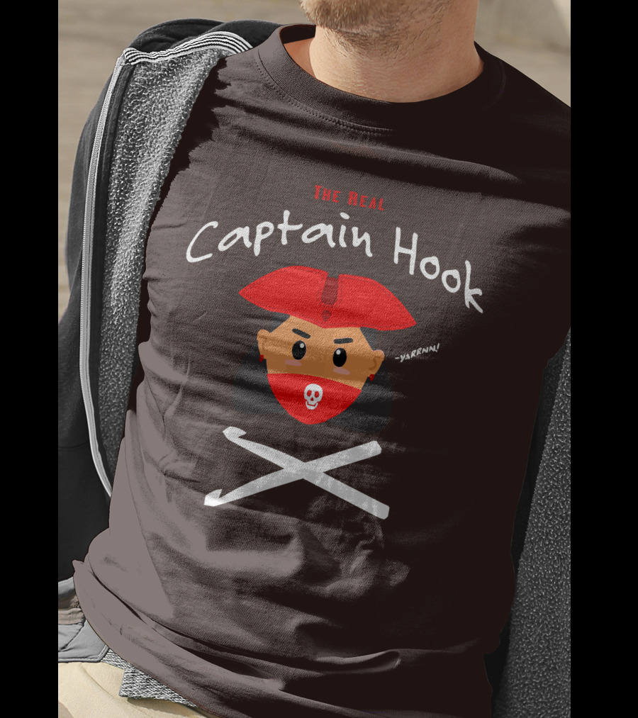 The Real Captain Hook Yarrnn Skull Red Hat Pirate Face Crossed Needles T-Shirt