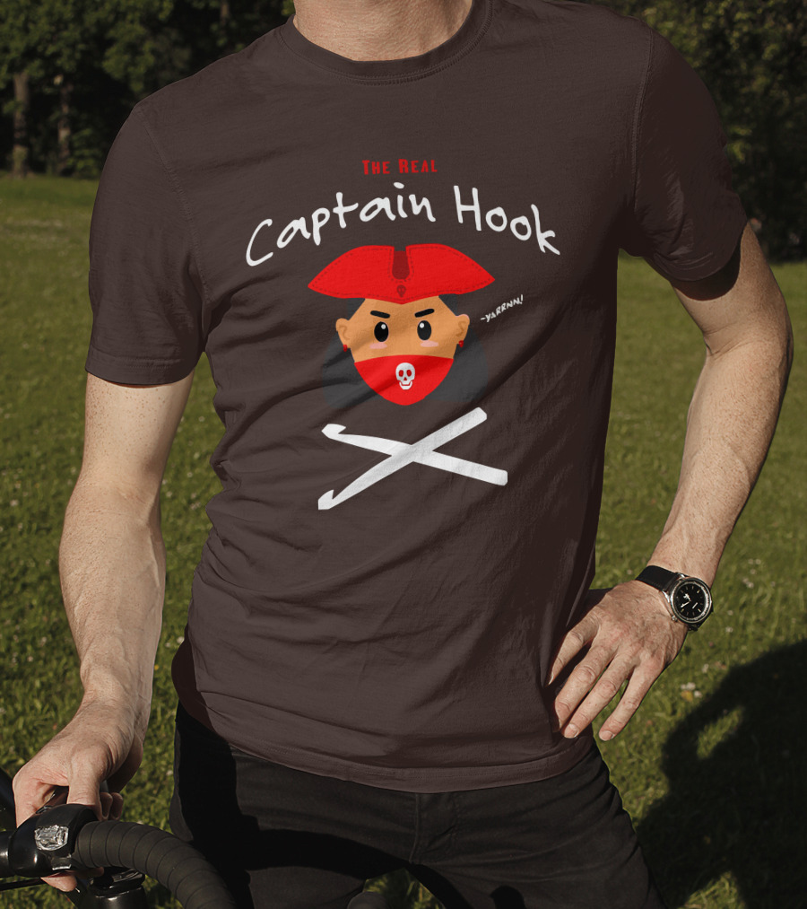 The Real Captain Hook Yarrnn Skull Red Hat Pirate Face Crossed Needles T-Shirt