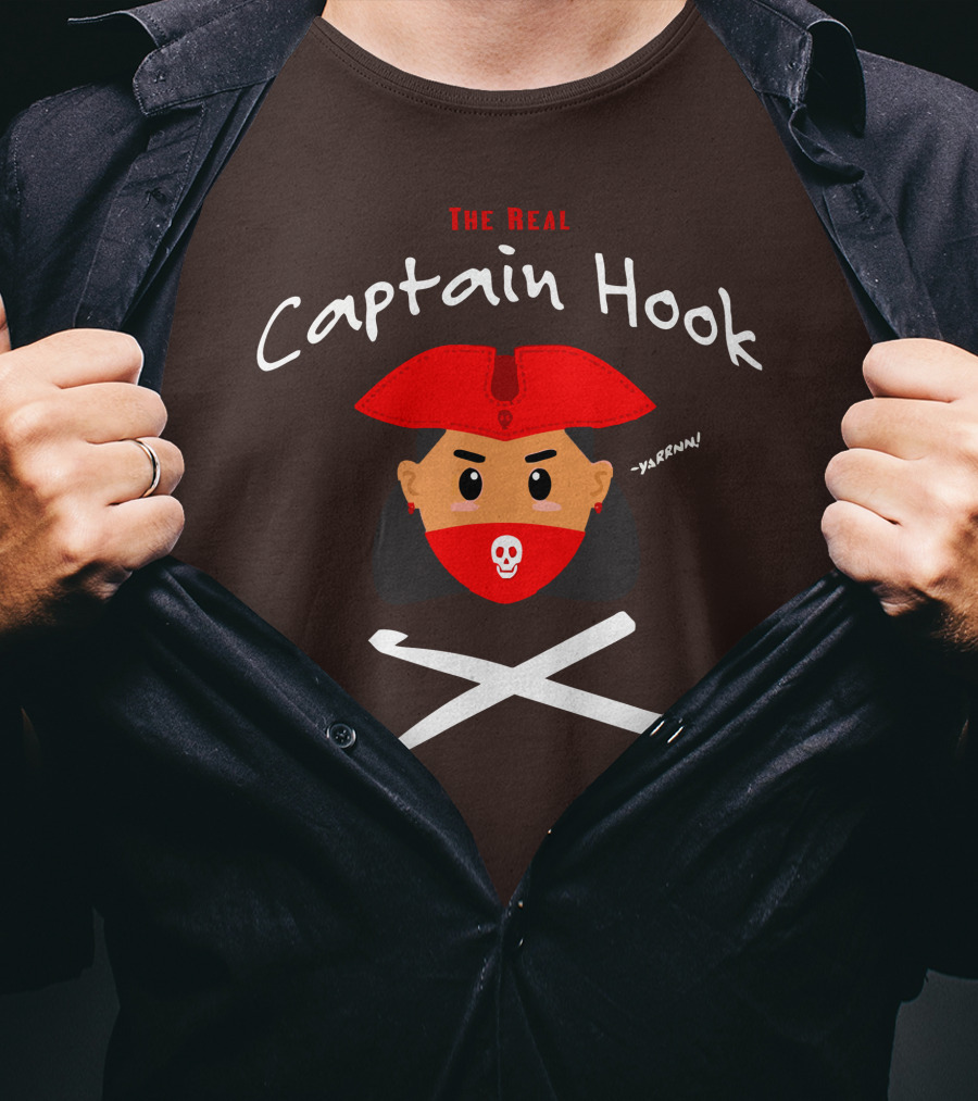 The Real Captain Hook Yarrnn Skull Red Hat Pirate Face Crossed Needles T-Shirt