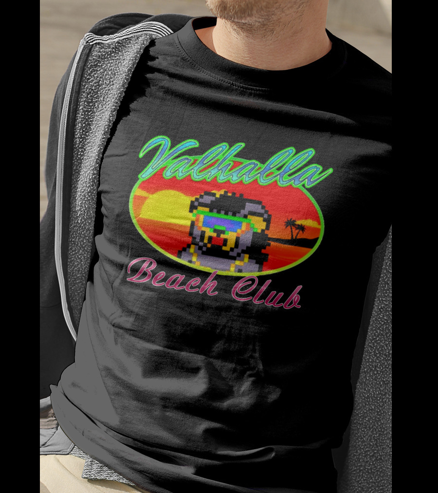 Valhalla Beach Club 80s Retro Pixel Sunset And Palm Trees T-Shirt
